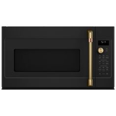 a black microwave with a gold handle on it