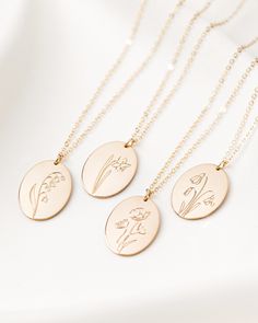 "Presenting our new Birth Month Flower Necklace🎕 These one of a kind engraved necklaces make the most unique birthday gift to celebrate your special day ♡ Choose the flower which represents your desirable birth month and wear it around your neck forever. The perfect personal present to your favorite person.. ♥ Each necklace is engraved especially for you. ♥ Please refer to our birth flower chart in pic#5. DETAILS * Materials : 14k Gold Filled and Sterling Silver. * Disc Size : Oval 13*16 mm. * Birth Flower Necklace Gold, Birth Month Flower Necklace, Delicate Flower Charm Necklace Gift For Her, Delicate Flower Charm Necklace For Her, Delicate Flower Pendant Necklace As Gift For Mom, Delicate Flower Shaped Necklace For Mom, Dainty Flower Pendant Necklace As Gift For Mom, Dainty Flower Necklace As Gift For Her, Dainty Flower Necklace For Her