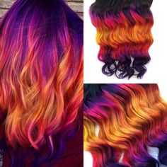 Fall Ombre Hair, Rainbow Dyed Hair, Exotic Hair Color, Starting A Conversation, Flame Hair, Colors Of Hair, Gold Tape, Sunset Hair, Tie Dye Hair