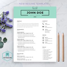 a clean and modern resume template with blue accents on the cover, surrounded by flowers