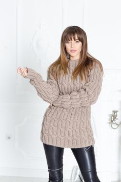 Oversized Chunky Knit Sweater Dress, Hand Knitted Sweater Dress For Winter, Oversized Hand Knitted Acrylic Knitting Pattern, Fall Chunky Knit Crew Neck Knitting Pattern, Fall Chunky Knit Beige Knitting Pattern, Fall Chunky Knit Pattern In Beige, Chunky Knit Acrylic Long Sleeve Pattern, Fall Knitting Pattern In Beige, Acrylic Chunky Knit Long Sleeve Pattern