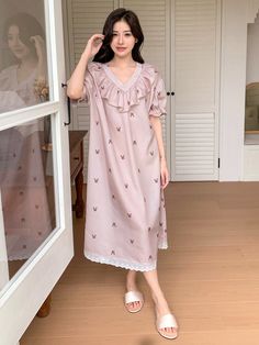 Cute Rabbit Printed Ruffle Hem Sleep Dress Khaki Cute  Short Sleeve Woven Fabric Animal  Non-Stretch All Women Sleep & Lounge, size features are:Bust: ,Length: ,Sleeve Length: Dress Rumahan, Sleeping Clothes, Sleepwear Cute, Dress Sewing Tutorials, Sleep Clothes, Cute Short Dresses