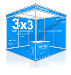 an exhibit booth with three sides and the number 3x3 in front of it