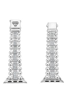 Turn your Apple Watch into a luxe piece of jewelry with this band featuring twelve links of shimmery diamond pavé framed by Lagos's signature caviar beading. Style Name:Lagos Smart Caviar Sterling Silver & Diamond Link Band For Apple Watch. Style Number: 5833101. Luxury Diamond Round Watch Bands, Luxury Diamond Watch Bands With Round Shape, Luxury Diamond Watch Bands For Anniversary, Luxury White Gold Bracelets With Rhinestones, Luxury White Gold Bracelet With Rhinestones, Luxury White Gold Diamond Watch Bands, Modern Silver Diamond Watch Accessories, Elegant White Gold Diamond Watch With Bling, Elegant White Gold Embellished Diamond Watch