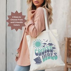 Available in 3 sizes to add both functionality and style, these custom-printed tote bags come with multiple handle colors to match your designs. Made with spun polyester, these bags feature double-stitched seams, cotton webbing straps, and nonwoven laminate lining for high-end durability. Your all-over print is created with dye sublimation for high-end visuals.  .: Made with 100% polyester, a medium-weight fabric (6.49 oz/yd² (200 g/m that is highly durable and perfect for everyday use.  .: 5 co Cruise Vibes, Gift For Traveler, Family Cruise, Beach Bags, Printed Tote Bags, Travel Gifts, Cruise Ship, Dye Sublimation, Beach Bag