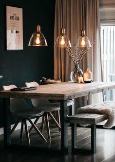 a dining room table with some lights on it