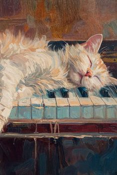 a painting of a white cat laying on top of a piano with its eyes closed