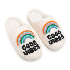 Add some good vibes to your outfit with these stylish RAINBOW GOOD VIBES SLIPPERS. Featuring a beautiful rainbow design, these non-slip slippers are perfect for a day of lounging or running errands. Slip them on easily and stay comfortable all day. Let someone know that you light up their life with these adorable white and rainbow slippers With a warm, closed-toe design and tan interior to hide dirt. Wash warm Hang to dry Quality You Can Trust All of our slippers, including these slippers, are g Rainbow Slippers, Indoor Outdoor Slippers, Cozy Slippers, Happy Coffee, Blue Lightning, Slippers Cozy, Fall Fits, Warm Hug, Rainbow Design