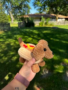 a person holding a small stuffed animal in their hand with a house in the background