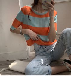 Loose Short Sleeve Striped Shirt – Tomscloth Trendy Cotton Tops With Color Matching, Spring Crew Neck Top With Color Matching, Trendy Spring Tops With Color Matching, Green Tops For Spring, Trendy Orange Color Block Tops, Evening Party Outfit, Tomboy Aesthetic, 90s Y2k Fashion, Alt Clothes