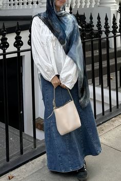 vela scarves navy marble outfit inspo fit check hijabi denim skirt modest outfit cute white blouse bows Hijab Fits With Skirt, Denim Beret Outfit, Hijabi White Skirt Outfits, Ribbed Skirt Outfit Summer, Denim Maxi Skirt Outfit Hijab, Trench Coat Outfits Aesthetic, Muslim Girl Outfits Modest Fashion, Hijabi Outfit With Skirt, Hijabi Skirt Outfits Winter