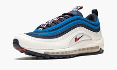 This Nike Air Max 97 SE "Blue Nebula" released in 2018 as a part of the brand's "Pull Tab" pack.  The collection of sneakers was given its name because each pair features a branded pull tab on the tongue not usually seen on the original versions of each silhouette.  This version of the 1997 runner is constructed of an obsidian mesh with white and blue leather overlays.  Red accents come through on the mini Swoosh, tongue, and outsole. Stadium Goods, Running Shoes Nike, Nike Air Max 97, Jordan 1 Retro High, Man Running, Pull Tab, Casual Shoes Women, Running Shoes For Men, Womens Running Shoes