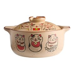 a casserole dish with cats painted on the front and sides, sitting on a white background