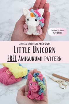 the little unicorn crochet amigurm pattern is shown in two different colors