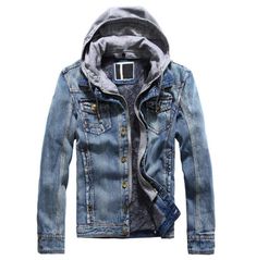 Streetwear Fake 2 Design Single Breasted Zipper Fleece Hooded Denim Jacket Denim Winter Jacket, Winter Jeans Jacket, Denim Jacket With Fur, Denim Jacket Winter, Jean Jacket Men, Cheap Jacket, Hooded Denim Jacket, Winter Jeans, Jeans Jacket