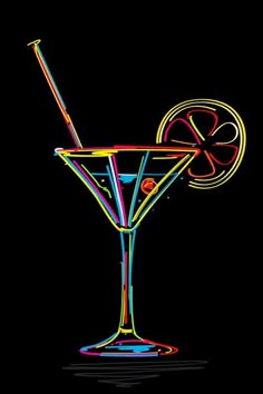 a neon colored cocktail glass with a slice of lemon on the rim and a straw in it