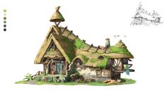 a drawing of a small house with grass roof