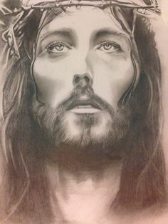 a pencil drawing of jesus with the crown of crosses on his head and eyes closed