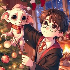 a harry potter holding a cat in front of a christmas tree