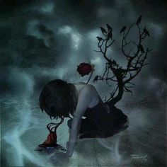 a woman kneeling down next to a tree with a rose in it's mouth