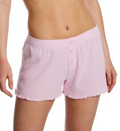 Ribbed knit shorts can be paired with your favorite sleepwear top for a comfortable style that can also be worn for going out. Covered elastic waistband for close fit. Faux fly front with 3 decorative buttons. Leg openings have lettuce edge. Ribbed knit has peachy, textured surface. Lightweight knit shorts are soft. Comfy for warm weather lounge and sleep. Loose fit. PJ Salvage Women's Textured Essentials RIb Peachy Short in Pastel Pink | Size XL | HerRoom.com Cotton Sleepwear With Built-in Shorts For Relaxation, Spring Sleepwear With Built-in Shorts, Comfortable Pajama Shorts For Spring Sleepover, Comfortable Sleepwear With Built-in Shorts And Relaxed Fit, Cozy Summer Sleepwear For Sleepovers, Pink Short Sleepwear For Spring, Comfortable Spring Pajama Shorts For Sleep, Cotton Sleepwear For Relaxation, Comfortable Cotton Sleepwear, Short Length