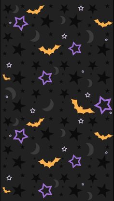 bats and stars on a black background with purple, orange and yellow colors in the sky