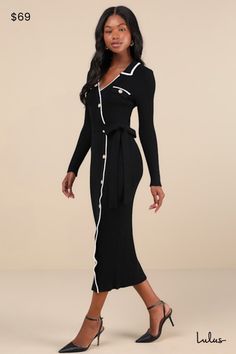 With a sleek pair of kitten heels and your fave handbag, you'll be best dressed in the Lulus Chic Persuasion Black Ribbed Button-Front Midi Sweater Dress! Soft and stretchy ribbed knit shapes a collared neckline, long sleeves, and a surplice-style bodice that boasts decorative, twin flap pockets with embossed gold buttons. Matching, asymmetrical faux button placket accents the front of the figure-skimming, column skirt that ends at a chic midi hem. Contrasting white trim accents the neckline, po Long Sleeve Dress Winter, Midi Sweater Dress, Column Skirt, Sweater Dress Midi, Black Long Sleeve Dress, Best Dressed, White Trim, Black Rib, Gold Buttons