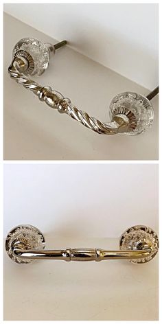 two pictures of the same metal handle on a white wall, one with an ornate design