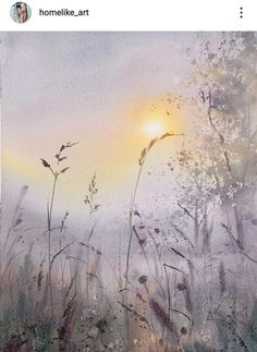 watercolor painting of grass with the sun setting in the backround behind it