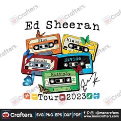 the ed sheran tour poster with cassettes on it, and an orange background