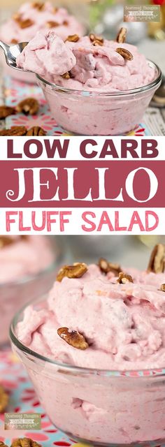 two bowls filled with pink jello and pecans on top of a colorful table cloth