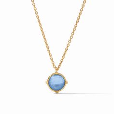 Add a pop of color to your look with this 24ky Gold Plated "Honeybee" Solitaire Necklace. The necklace features an iridescent chalcedony blue crystal and is plated with 24ky gold. Suitable for all genders, this necklace is a stylish choice for those who love unique and vibrant jewelry. Julie Vos, Golden Beads, Solitaire Necklace, Solitaire Necklaces, Aquamarine Blue, Silver Pendants, Blue Crystals, Cable Chain, Ring Necklace