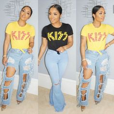 Kiss Rockstar Star Rhoa Rasheed Black Tshirt. Black Shirt Yellow Kiss Logo Edgy Letter Print T-shirt For Night Out, Grunge Short Sleeve T-shirt For Night Out, Edgy Cotton T-shirt For Night Out, R B Concert Outfit, Rasheeda Frost Fashion, Rasheeda Frost, Stylish Jeans Outfit, Kiss Logo, Jeans And T Shirt Outfit