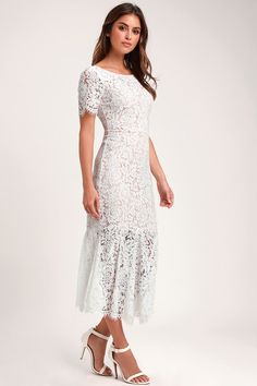 Love You Tonight White Lace Midi Dress. No matter what the morning brings, you and the Lulus Love You Tonight White Lace Midi Dress are a heavenly match tonight! Stunning white floral eyelash lace covers a nude-colored liner to shape this stunning dress, complete with a rounded neckline, short sheer sleeves, and a scoop back. afflink White Lace-up Back Midi Dress For Summer, Midi-length Lace Wedding Dress With Delicate Details, Chic Cream Midi-length Lace Dress, Feminine Lace Midi Dress With V-neck, White Scalloped Lace Knee-length Midi Dress, Easter Dresses For Toddlers, Midi Dress Outfit, Cute White Dress