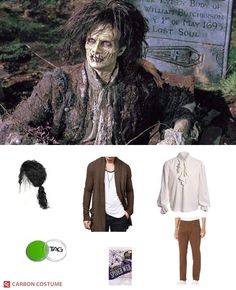 the walking dead costume is being displayed in front of a tombstone with hair and makeup on it