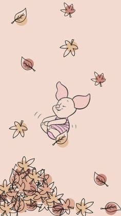 a cartoon mouse flying through the air with autumn leaves on it's back ground