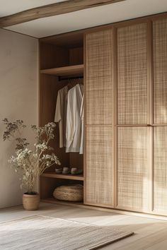 an open closet with clothes hanging on the doors and a potted plant next to it