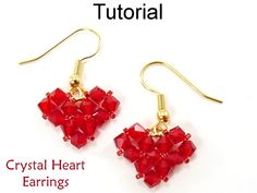 "\"Crystal Heart Earrings\" PDF Beading Tutorial This detailed beading pattern will teach you how to make a pair of very cute crystal heart earrings - perfect for Valentine's Day - and any day you want to let your love shine! The finished earrings measure approximately 15 mm tall x 20 mm wide. With over 40 high-resolution photos and easy to follow step by step directions, you'll be wearing, and sharing, your Crystal Heart earrings in no time. Tutorial by: Cara & Lane Landry Recommended Mater Beaded Heart Earrings, Crystal Heart Earrings, Bead Weaving Tutorials, Beaded Heart, Earring Kit, Swarovski Crystal Hearts, Jewelry Making Kits, Beading Tutorial, Beaded Bracelet Patterns