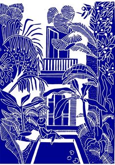 a blue and white drawing of trees, plants, and a birdhouse in the background