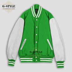 This is Kelly Green & White Varsity Jacket is made of High Quality Wool and Cowhide Leather Sleeves. The Front of this Jacket is Snaps Closure. Collar and Cuffs of the Jacket are Rib Knitted.  It has Four Pockets (Genuine Leather trim is used on the Pockets).  Polyester Quilted Lining is used inside to make you feel warm and comfortable. NOTE: ● Please look at the product images and carefully select your required size. ● Product color may vary due to photographic lighting sources or your monitor Green Varsity Jacket With Pockets For College, College Green Varsity Jacket With Pockets, Green Long Sleeve Varsity Jacket For Fall, Green College Outerwear With Pockets, Green Outerwear With Pockets For College, White Stand Collar Outerwear For College, Green Long Sleeve Varsity Jacket, Green Long Sleeve Track Jacket For College, Green Long Sleeve College Track Jacket