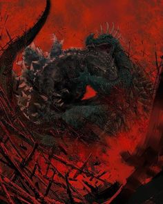 an illustration of a godzilla attacking another creature