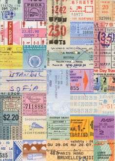 a collage of different colored tickets with numbers and symbols on them, all over the place