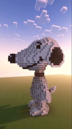 a dog made out of legos in the middle of a field with sky and clouds