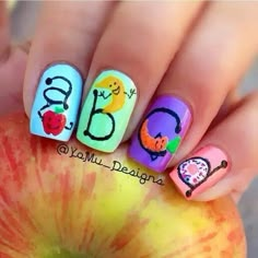 Abc Nails Art Designs, Preschool Nail Designs, Teacher Nails Acrylic, Cute Teacher Nails, School Nails For Kids, Teacher Nails Designs Back To School, Teacher Nails Designs, Teacher Nail Art, Abc Projects