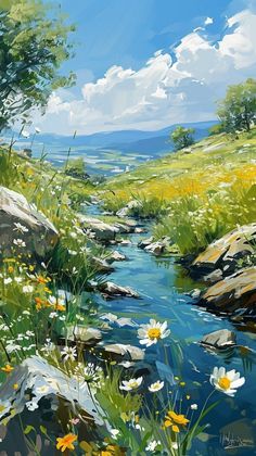 a painting of a stream running through a field with wildflowers and rocks in the foreground