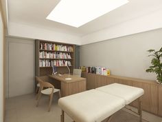 a room with a desk, bookshelf and two white chairs next to it