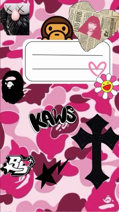 a pink camo background with various stickers on the bottom and an image of a monkey