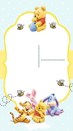 winnie the pooh and friends are in front of a white sign with yellow border