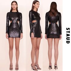 Nwt Staud - Black Sequins Long Sleeve Mini Cut Out Dress Size- Xs Style: Dolce Dress - A Mini Length, Long Sleeve Sequin Dress With Waist Cutouts And Tonal Vegan Leather Trim Self: 100% Nylon With Sequins Trim: 100% Vegan Leather Dry Clean Only Perfect Holiday Dress! Always Packed With Love And Care! Don’t Forget To Bundle All Your Likes! Fitted Staud Dress For Date Night, Staud Dresses For Spring Night Out, Elegant Staud Mini Dress For Party, Chic Staud Dress For Night Out, Staud Dress For Summer Night Out, Staud Fitted Dress For Date Night, Holiday Party Long Sleeve Mini Dress With Contrast Sequin, Chic Staud Mini Dress For Evening, Fitted Staud Party Dress