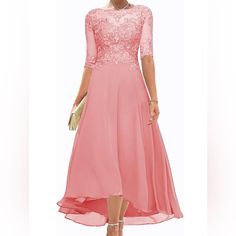 Chiffon Lace Dresses Tea Length Lace Up Back. Care Instructions Hand Wash Only Please See Sizing Chart Spring Pink Mother Of The Bride Dress, Feminine Pink Mother Of The Bride Dress For Spring, Fitted Pink Mother Of The Bride Dress For Banquet, Pink Mother Of The Bride Dress For Spring, Pink Chiffon Mother Of The Bride Dress For Party, Pink Chiffon Mother Of The Bride Dress For Evening, Spring Evening Pink Mother Of The Bride Dress, Pink Short Sleeve Mother Of The Bride Dress, Pink Bridesmaid Dress With Lace Patchwork